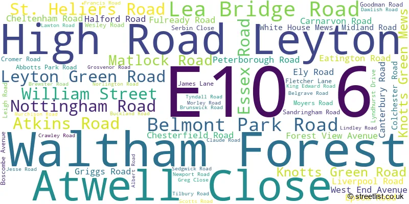 A word cloud for the E10 6 postcode